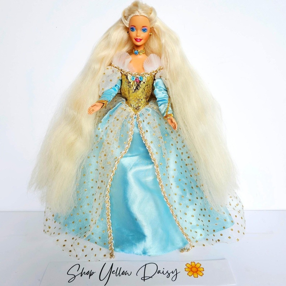 1997 Mattel Rapunzel Barbie Doll Extra Long Blonde‎ Hair Blue Gold Gown Vintage